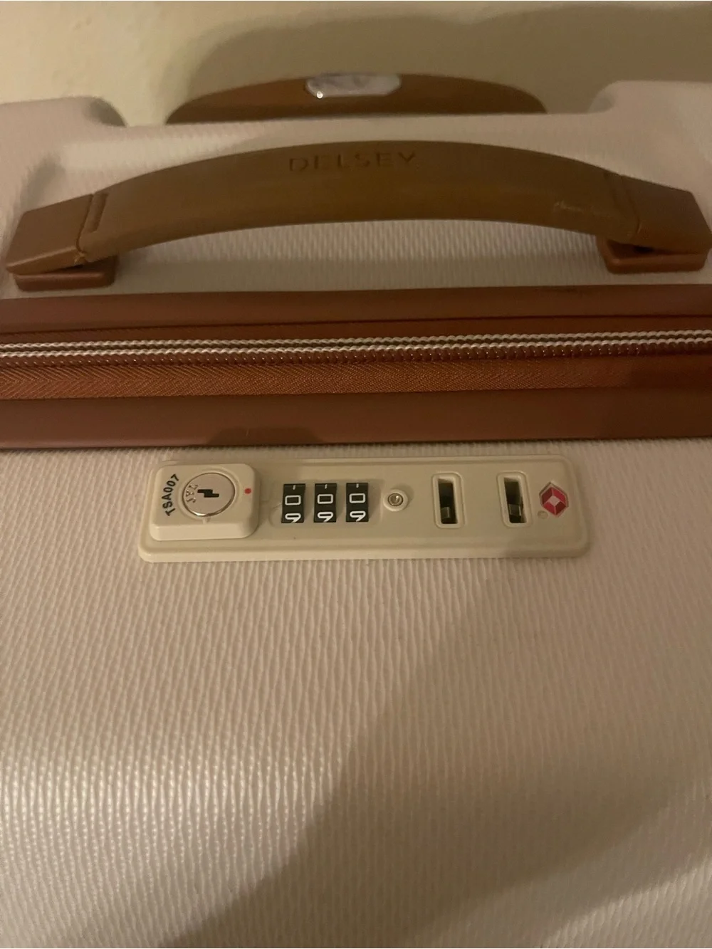 else White Hardside Spinner Luggage with Brown Trim